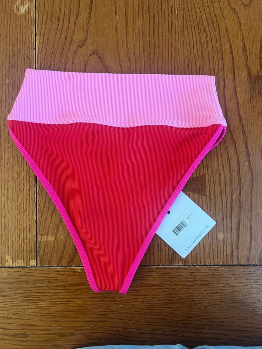 Beach riot high leg, High-Waist Ribbed Bikini Bottom in Pink and Red - Picture 2 of 5